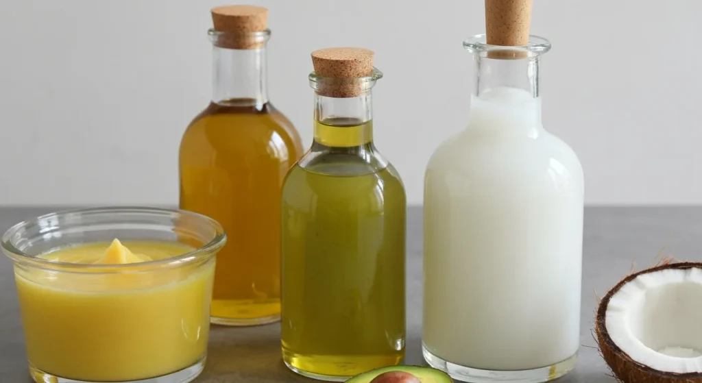 Trei recipiente cu uleiuri diferite: ghee tradițional, ulei de avocado și ulei de cocos.