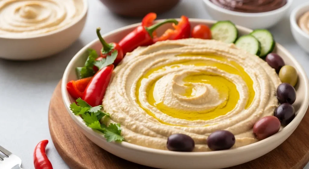 Un bol de hummus clasic, cu legume proaspete și un strop de ulei de măsline.