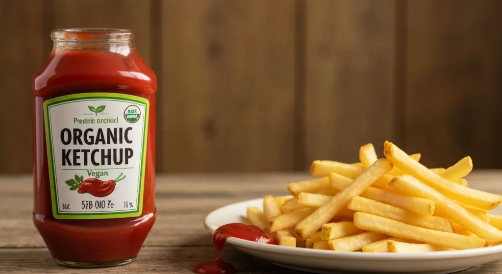 Sticla de ketchup organic roșu, cu cartofi prăjiți pe o farfurie.
