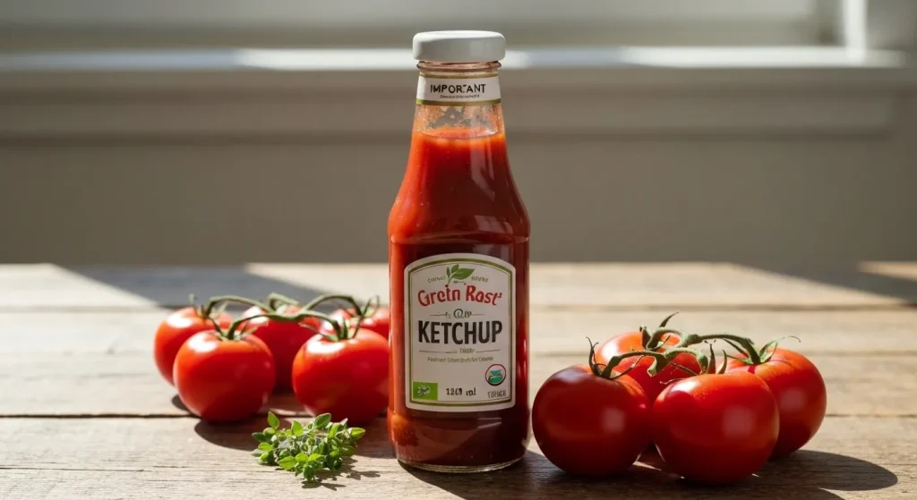 Sticlă de ketchup, roșii proaspete și plante aromatice pe o masă din lemn.