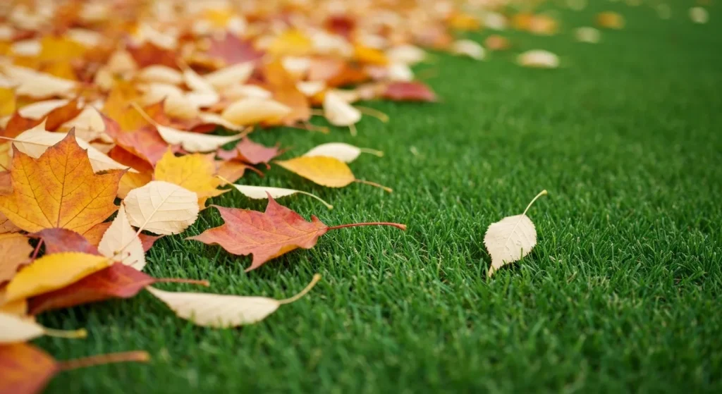 Un prim-plan al unor frunze de toamnă colorate peste o peluză verde.