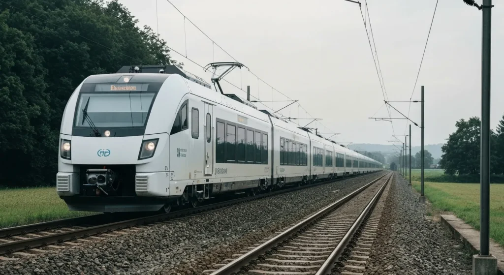 Un tren modern, alb, cu hidrogen, circulă pe o linie ferată.