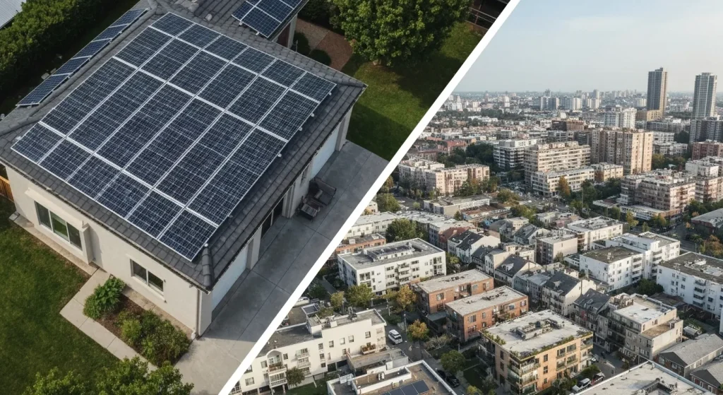 O comparație între o casă suburbană cu panouri solare pe acoperiș și un cartier urban dens, cu clădiri mici și eficiente energetic.