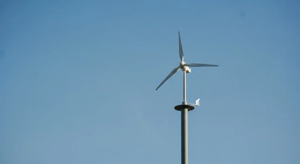 O turbină eoliană mică, cu trei pale, montată pe un stâlp înalt, generează energie electrică.