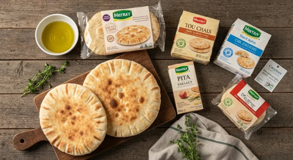 Pâine pita coaptă, alături de ambalaje de pâine pita de diverse mărci.