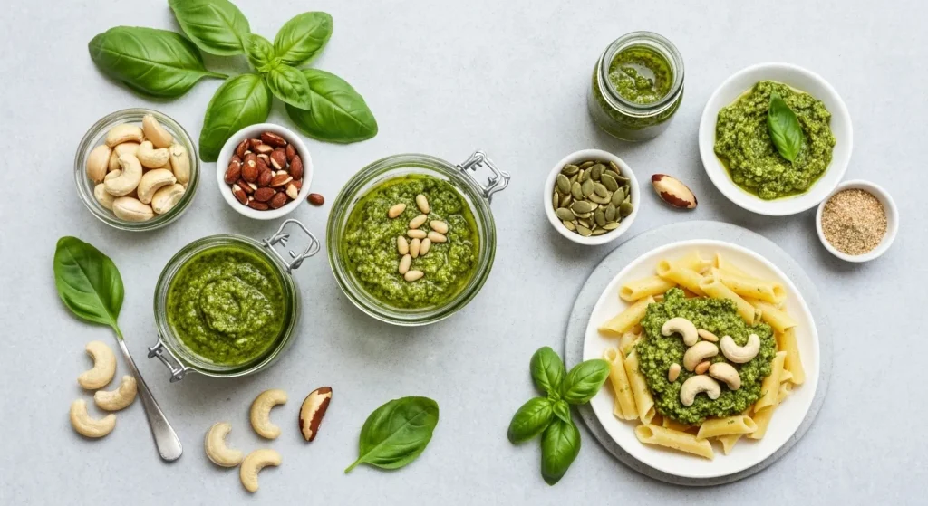Diverse tipuri de pesto vegan și non-vegan, aranjate într-o compoziție atractivă.