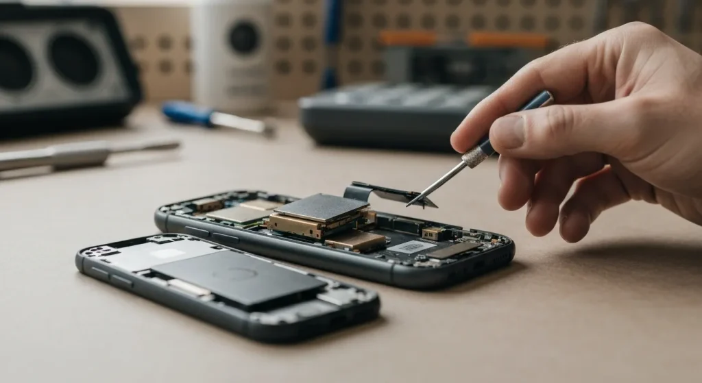 Un telefon mobil dezmembrat parțial, cu componentele interne vizibile, și o mână care ține un instrument de reparare.