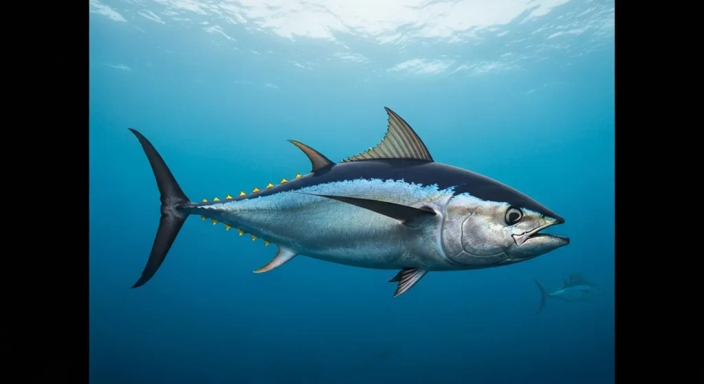 Un ton albastru mare înotând în ocean, înconjurat de pești mai mici.