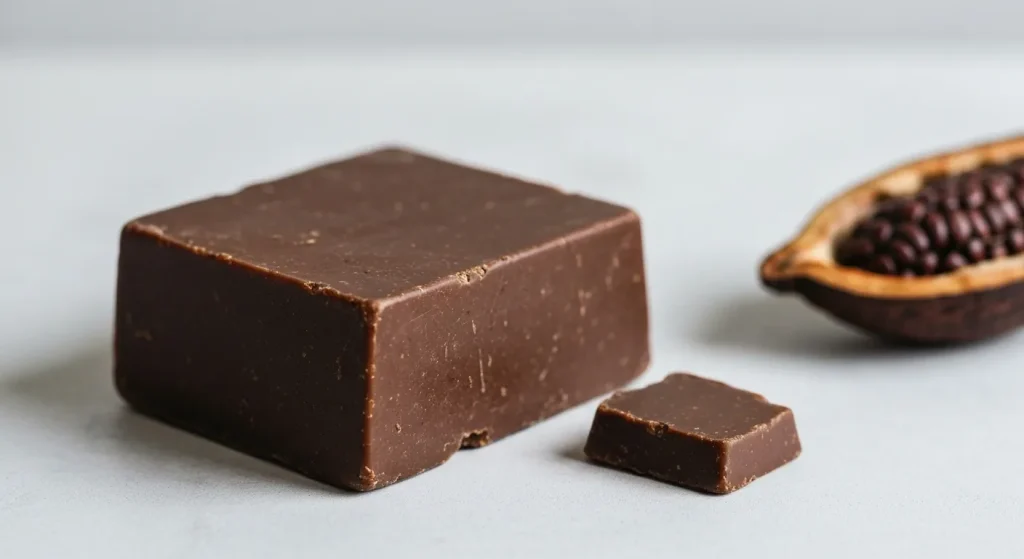 Un bloc de unt de cacao crud, neprelucrat, cu aspect catifelat.