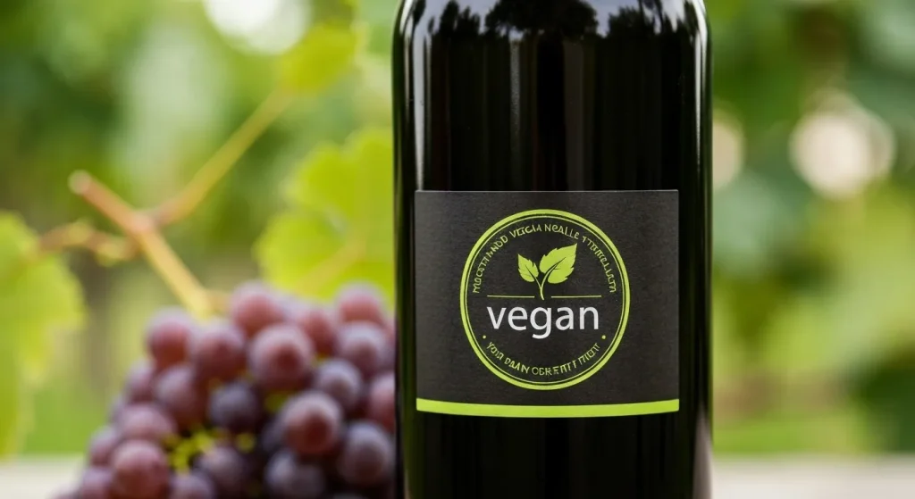 Etichetă de vin care afișează clar un logo sau o indicație „vegan”.