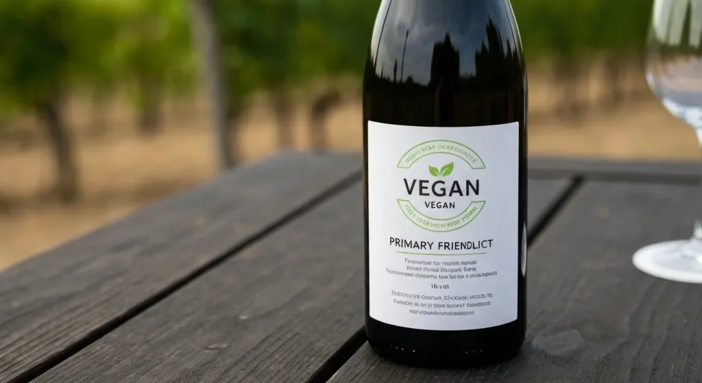 Sticlă de vin cu etichetă vegană pe masă din lemn.