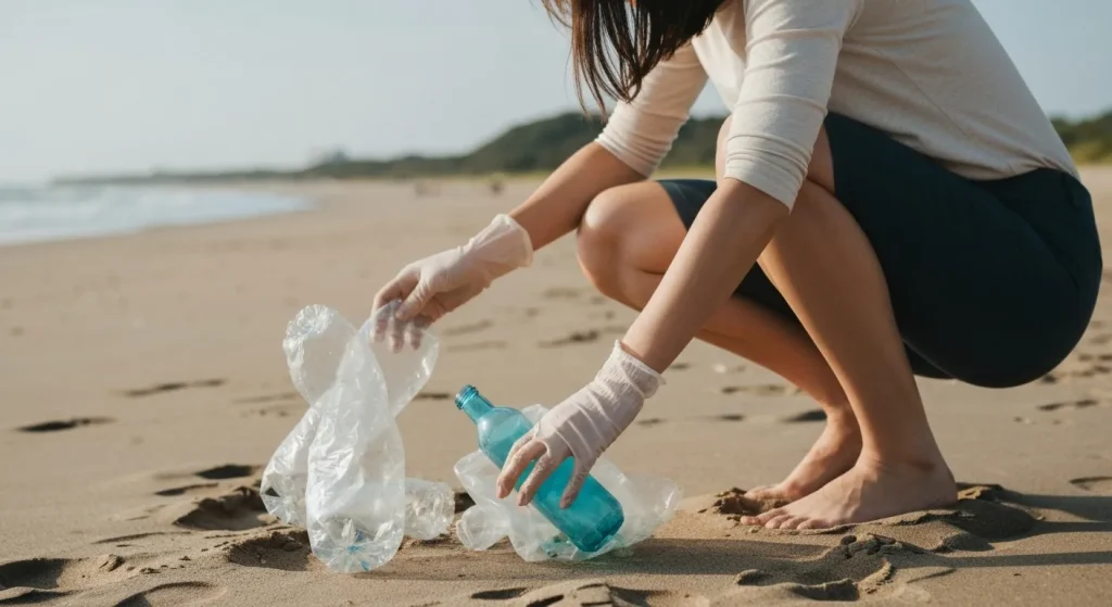 O persoană culege gunoaie de pe o plajă, concentrate pe bucăți de plastic și alte deșeuri.