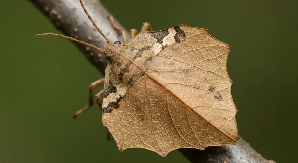 O insectă camuflată, care imită perfect o frunză uscată, cu detalii realiste ale texturii și culorii.