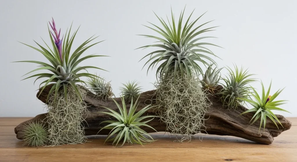 Diverse plante epifite, cum ar fi Tillandsia, ferigi, mușchi spaniol și orhidee, aranjate decorativ pe bușteni și scoici.