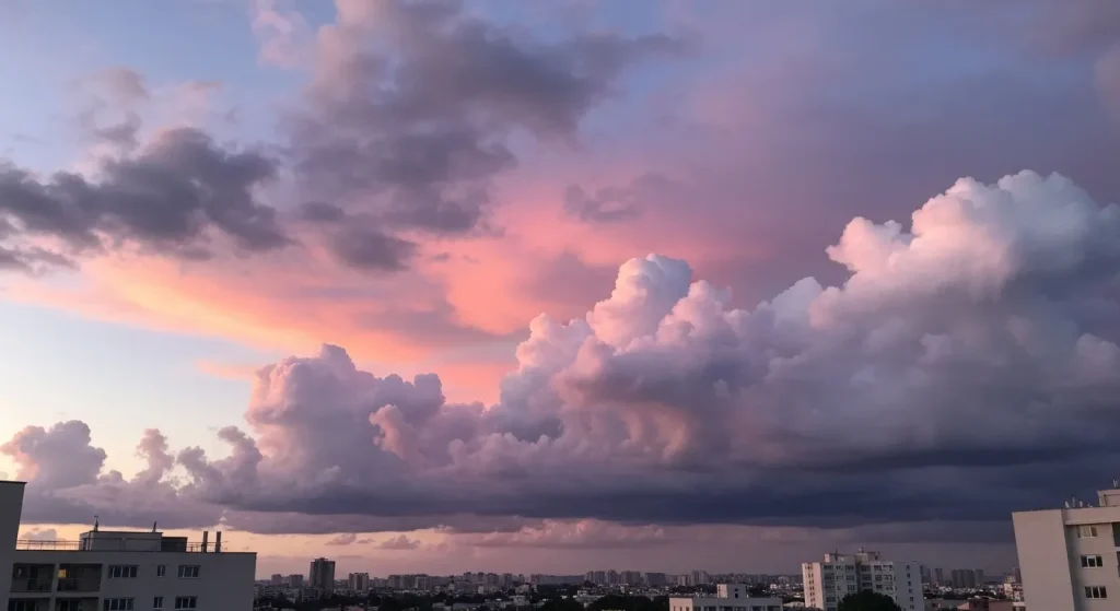 Cerul de seară cu nori voluminoși în degradeuri de violet, gri și roz pal.
