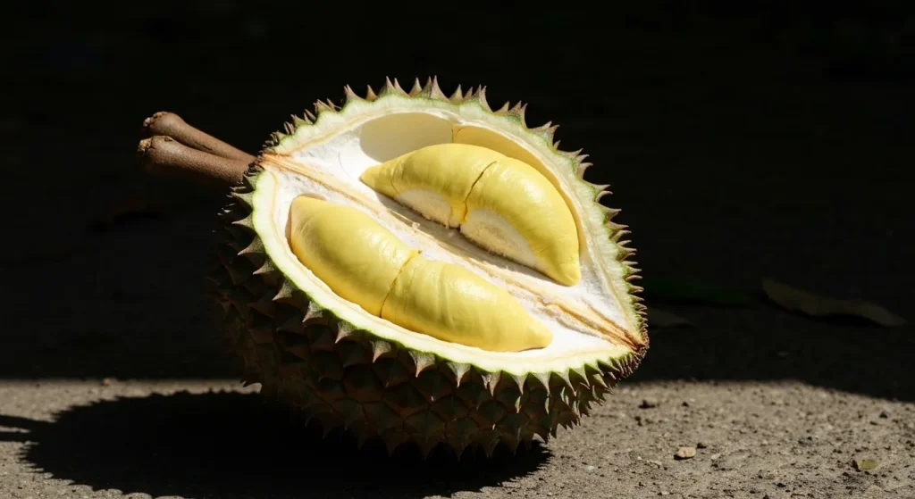 Un fruct durian mare, cu coajă spinoasă, pe pământ.