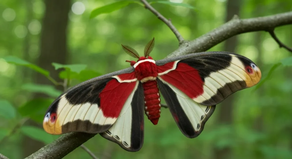 Molie Cecropia cu aripi mari, roșii, negre și albe, așezată pe o ramură într-o pădure.
