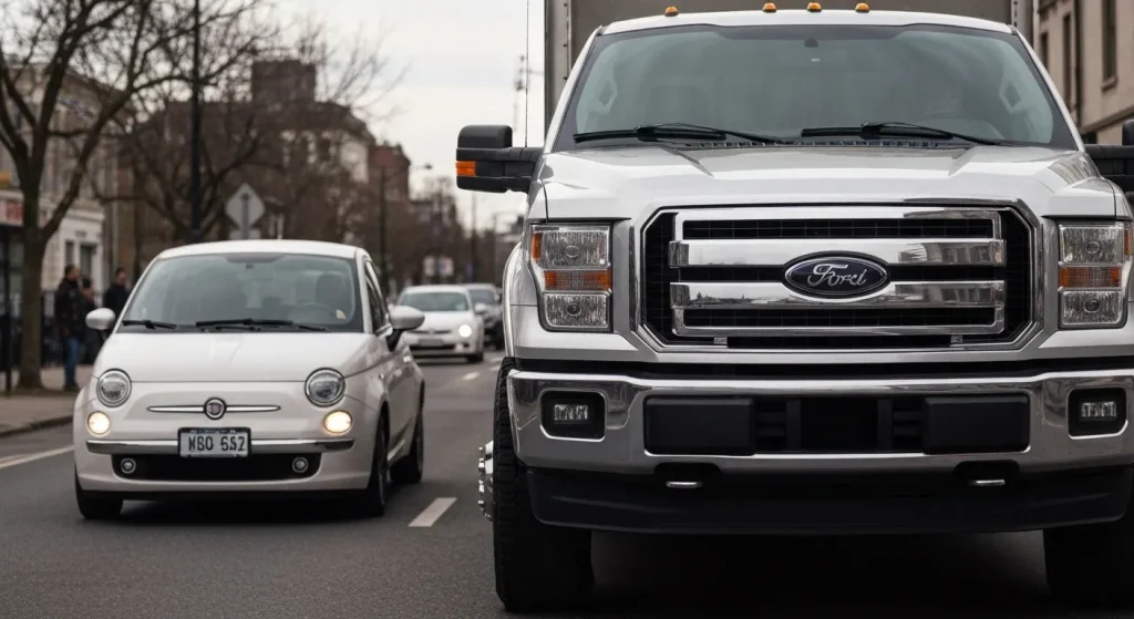 Un camion Ford F150 mare, în prim-plan, și o mașină mică, în fundal, pe o stradă a orașului.