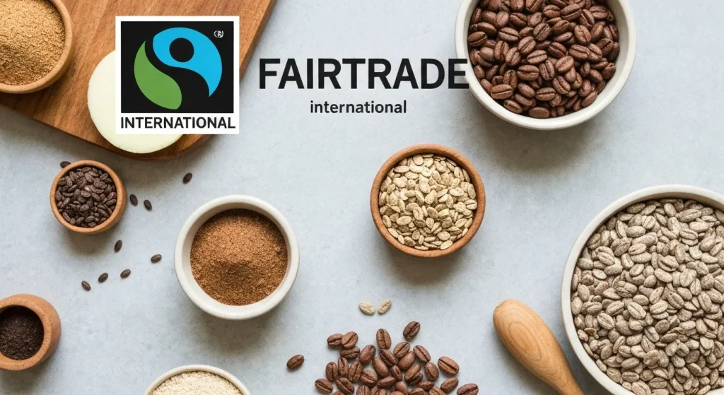 Logoul Fairtrade International, alături de diverse produse certificate (banane, cafea, ciocolată), pe un fundal verde.