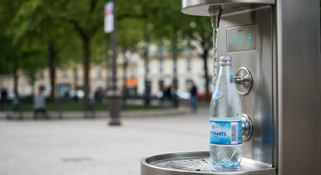 Fântână publică modernă în parc, din care curge apă carbogazoasă rece.