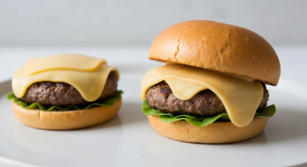 Felii de brânză vegană topite pe un burger vegetarian, cu un aspect cremos și auriu.
