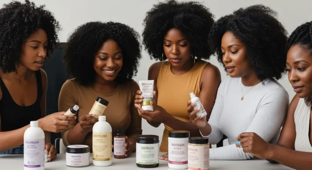 Un grup de femei negre examinează cu atenție etichetele unor produse cosmetice pentru păr, cu accent pe ingrediente.