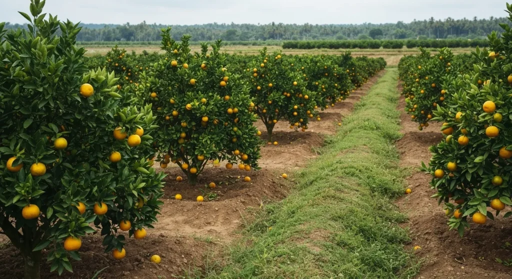 Rânduri de portocali nou plantați într-o fermă din Sri Lanka, ca barieră naturală împotriva elefanților.