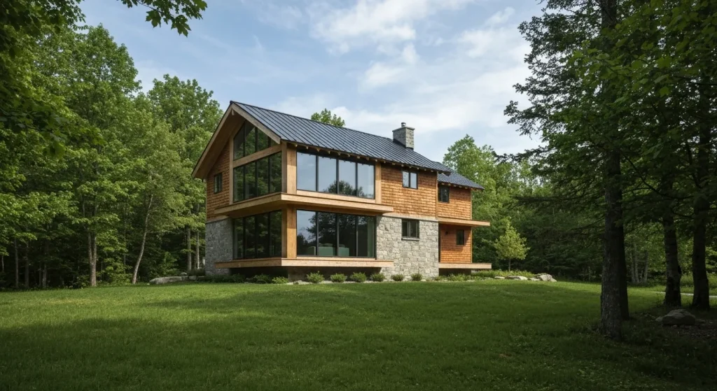 O casă unifamilială cu design Saltbox, cu pereți din piatră și placare din lemn, înconjurată de vegetație.