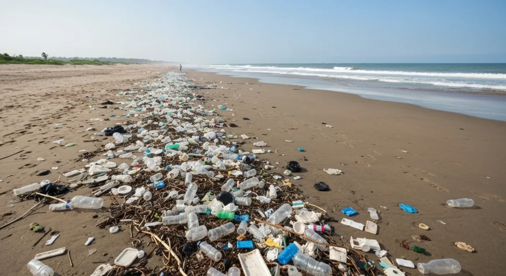O plajă acoperită de deșeuri de plastic, cu apă în fundal.