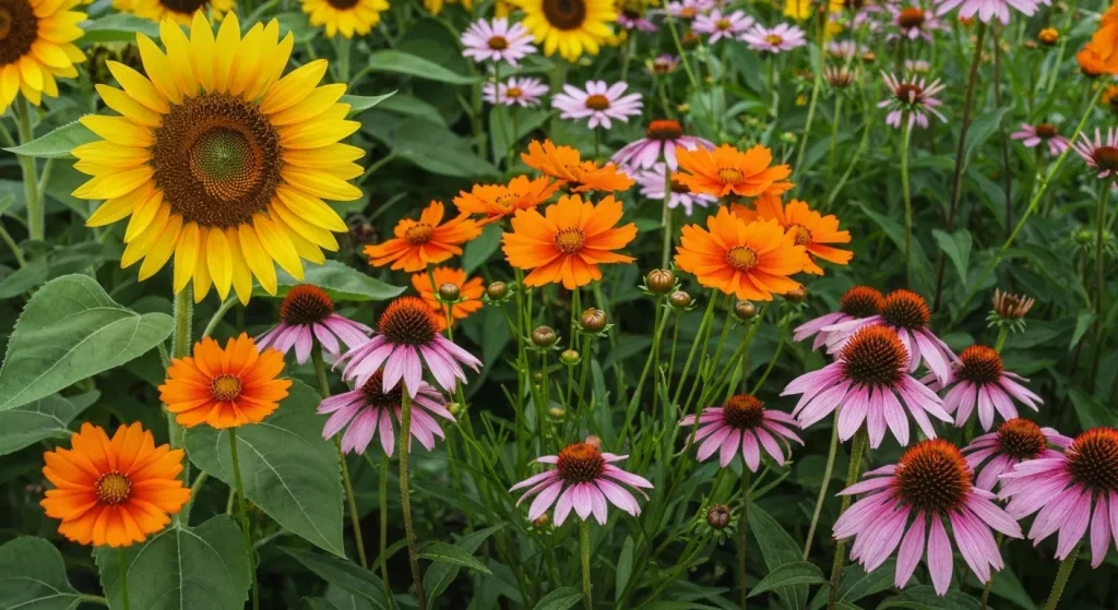 O varietate de flori colorate, inclusiv floarea-soarelui, coreopsis și coneflowers, înfloresc într-o grădină.