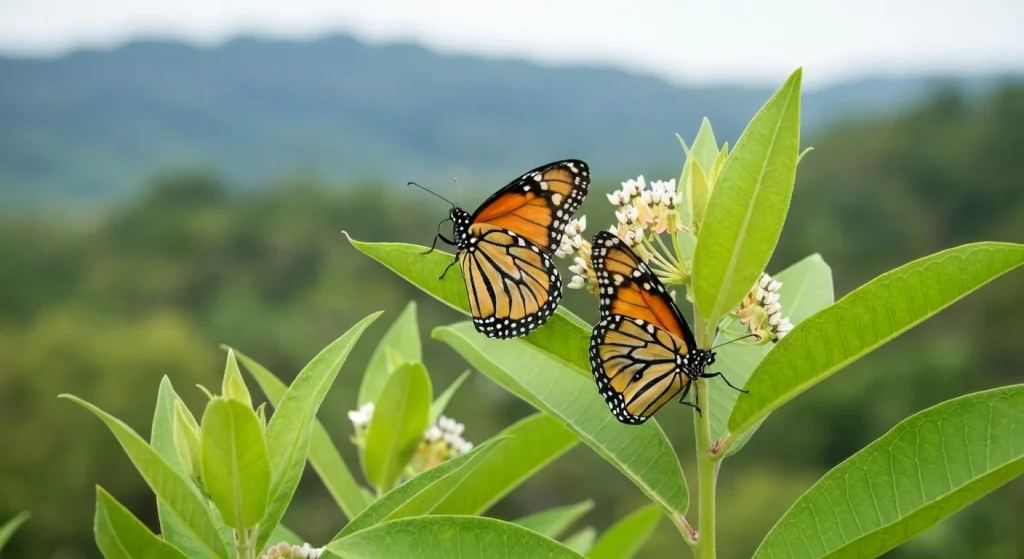 Un fluture monarh cu aripi delicate se odihnește pe o plantă de lapte, într-o zonă cu vegetație bogată.
