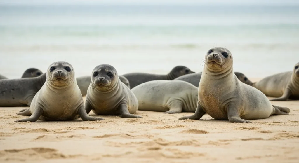 Un grup de pui de focă monah din Hawaii pe o plajă.