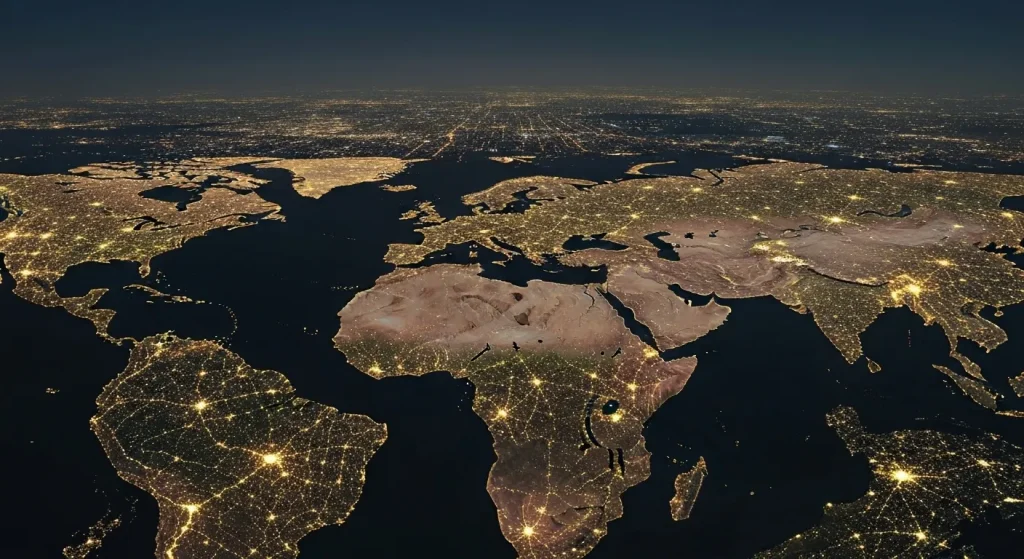 Imagine din satelit a Pământului noaptea, arătând zone extinse iluminate artificial.