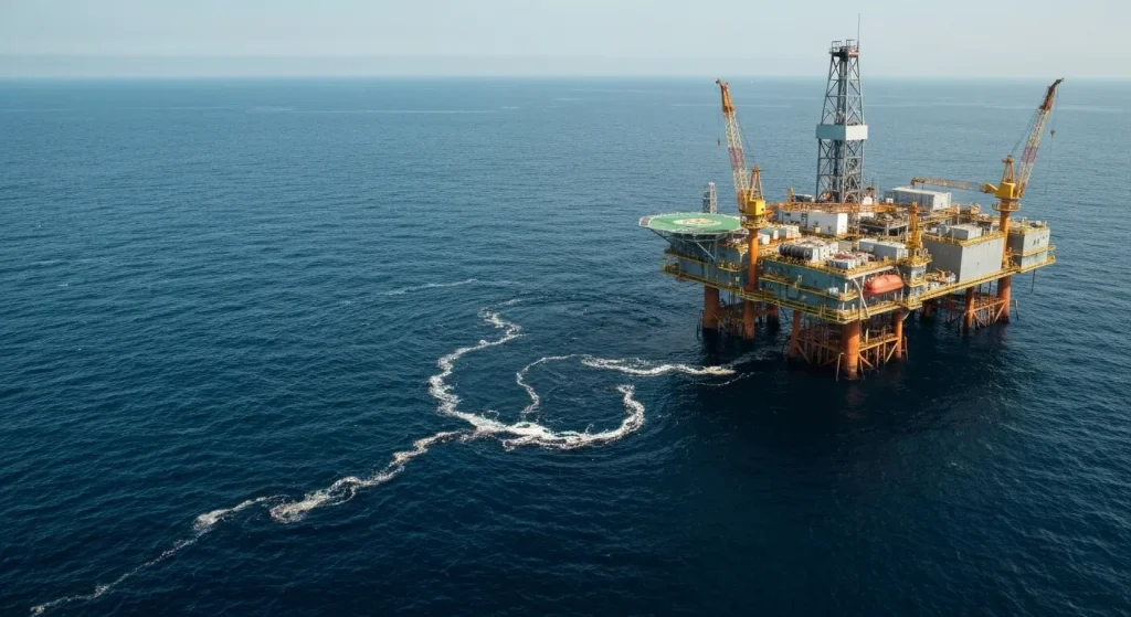 O platformă petrolieră offshore în mijlocul oceanului, cu nori de petrol vizibili în apă.