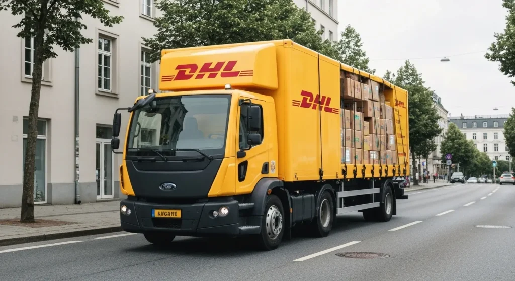 Un camion electric StreetScooter WORK XL al DHL, încărcat cu colete, circulă pe o stradă.