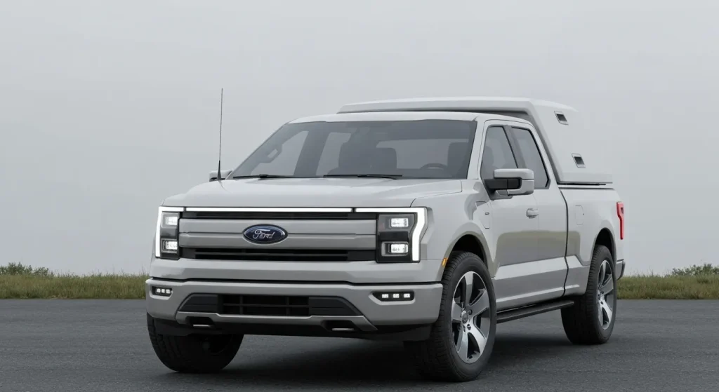 O camionetă electrică Ford F-150 cu un compartiment frontal mare și plat în locul motorului.