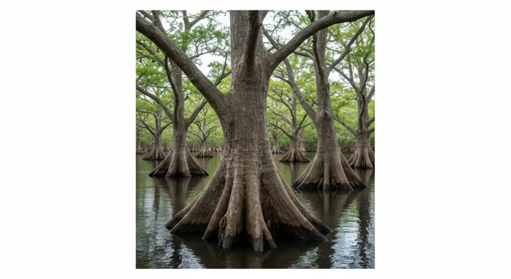 Fotografie a unui peisaj din Everglades, Florida, cu arbori de chiparos, apă și vegetație luxuriantă.