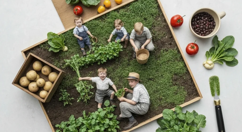 Femei și copii cultivă legume într-o grădină de război în timpul celui de-al Doilea Război Mondial.