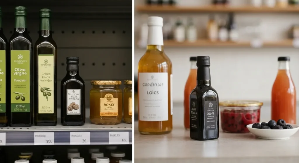 Un raft de supermarket cu diverse produse alimentare ambalate, unele dintre ele fiind etichetate în mod înșelător.