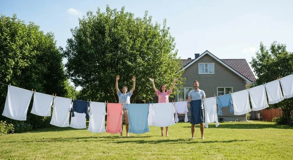 O familie zâmbește în timp ce își usucă rufele afară, pe un uscător de rufe, cu o casă modestă în fundal.