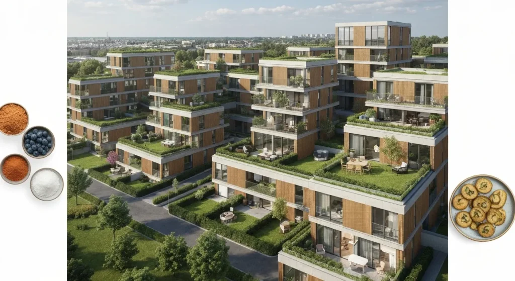Reprezentare grafică a unor locuințe urbane verticale, dense, și a unor locuințe rurale mai spațioase, ambele adaptate pentru a fi multi-generaționale.