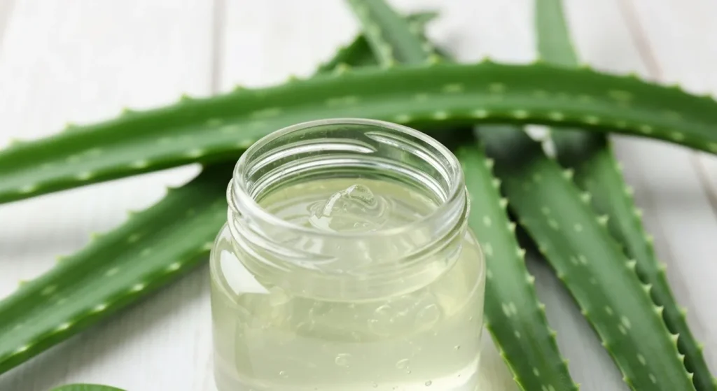 Gel translucid de aloe vera într-un borcan de sticlă, alături de câteva frunze de aloe vera proaspete.