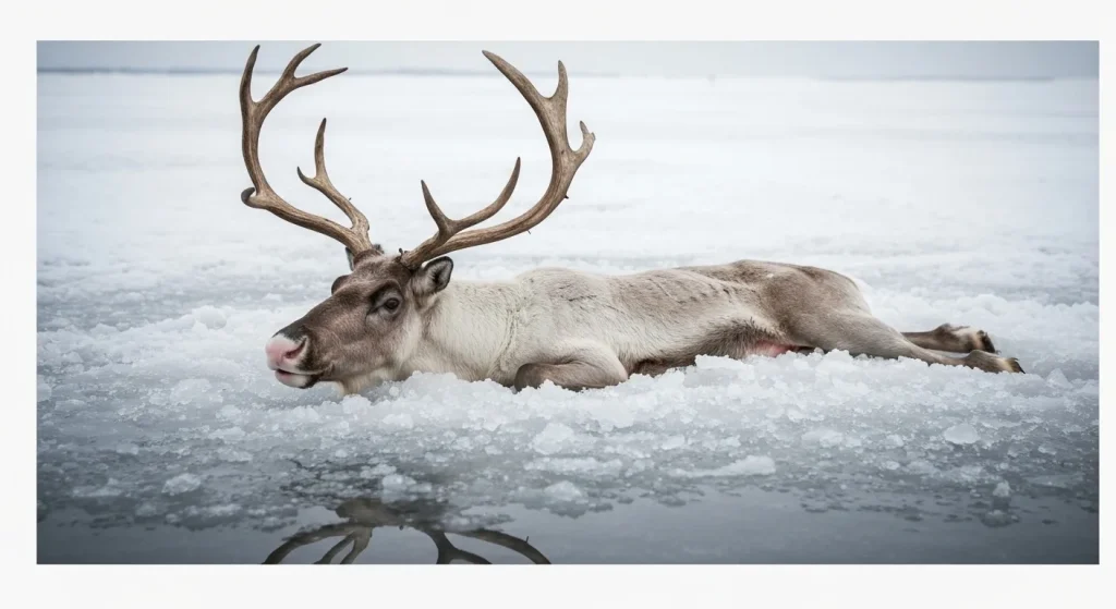 Cadavrul unui ren, parțial îngropat în pământ dezghețat, într-un peisaj arctic.