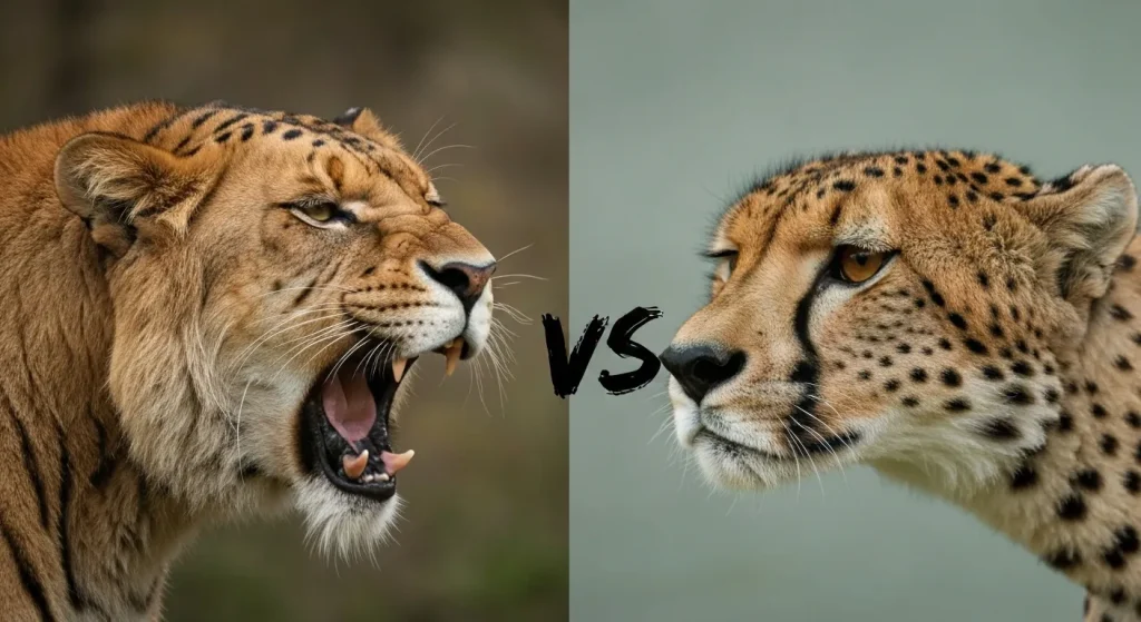Un leu, un tigru, un leopard și un ghepard, evidențiind diferențele fizice ale acestora.