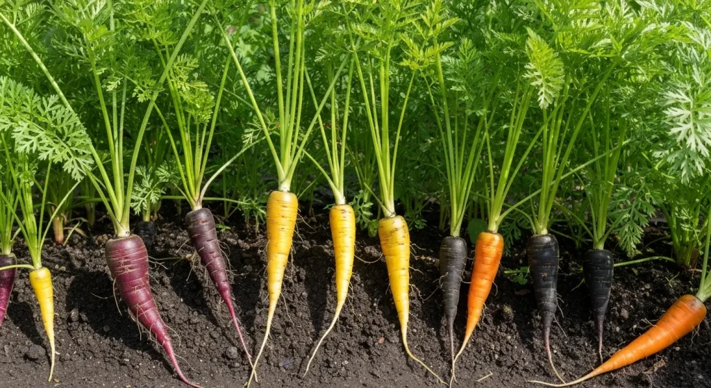 Morcovi multicolori, de diferite forme și mărimi, cresc într-un pat de grădină bine îngrijit.