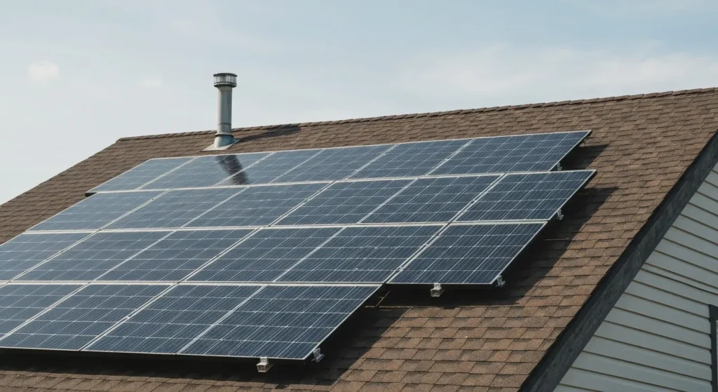 Panouri solare montate pe un acoperiș, conectate la un sistem de montaj și cabluri electrice.