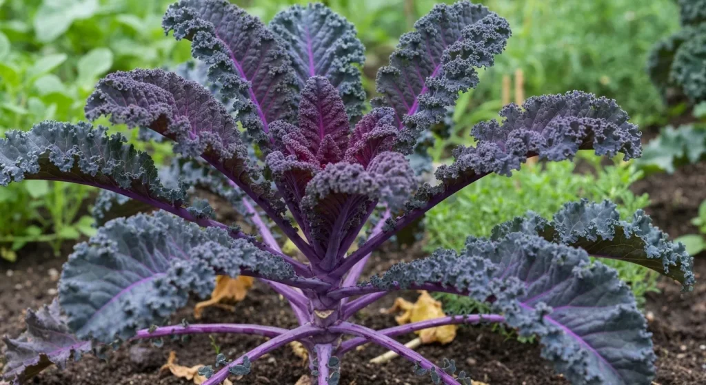 Plantă de kale cu frunze verzi, roșii și mov, crescând într-o grădină.