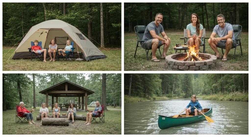 O familie se bucură de camping, cu cortul amplasat lângă o mașină, într-un camping cu facilități.