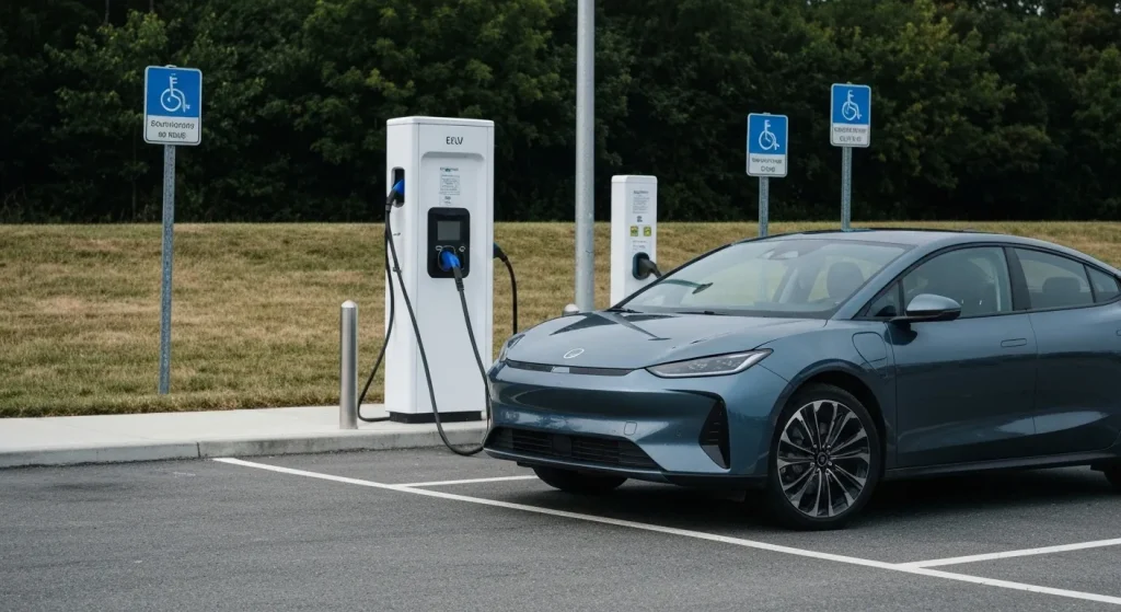 O mașină electrică este parcată lângă o stație de încărcare publică.