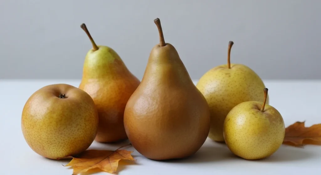 Aranjament de pere de diferite soiuri (Bartlett, Bosc, Asiatică, Anjou, Seckel) cu culori și forme variate.